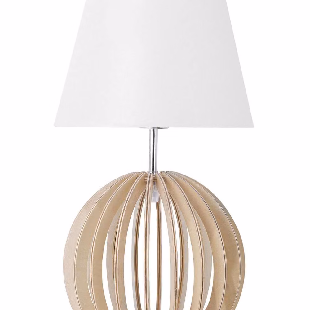 Wyld and Coco Round Wood Base Table Lamp with White Fabric Shade in Brown – 2
