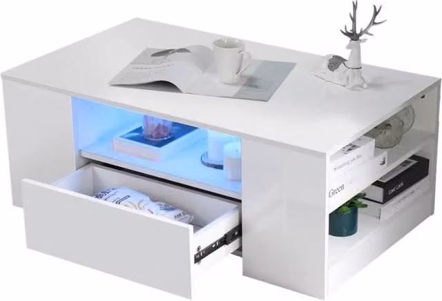 Nordara High Gloss LED Coffee Table with 2 Wood Storage Drawers in White – 1