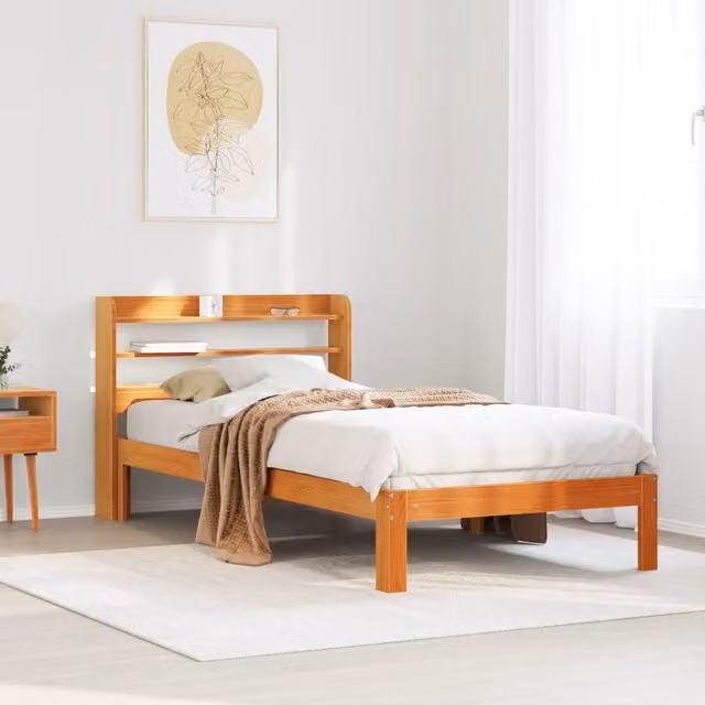 Berkfield Home Solid Wood Pine Bed Frame in Waxed Brown, W/D/H: 100 x 200 cm