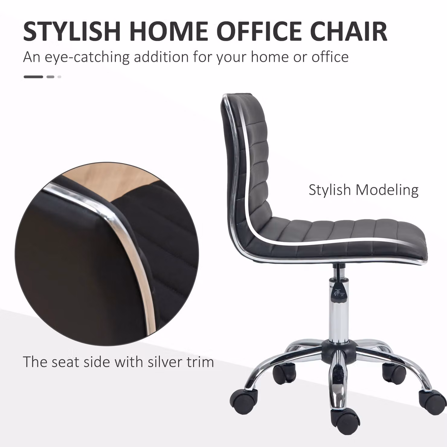 HOMCOM Armless Mid-Back Adjustable Task Chair with 360 Degree Swivel in Black Synthetic Leather – 4