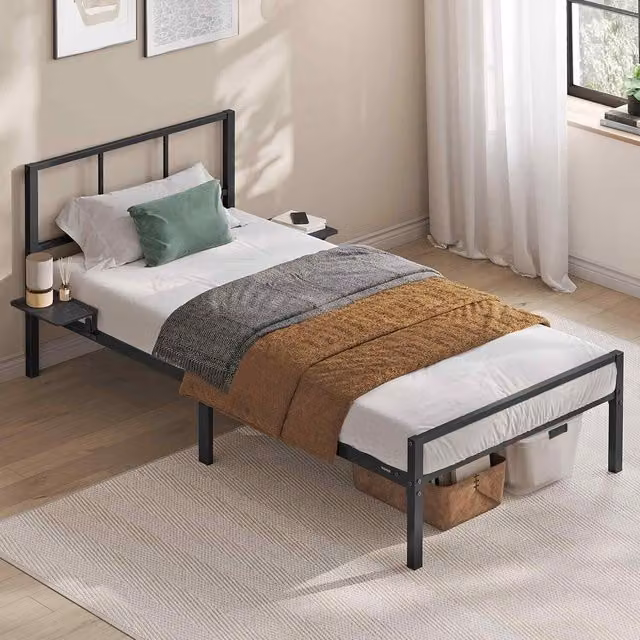 The Bazaarist Single Metal Bed Frame with Headboard and Bedside Shelves in Matte Black, 90 x 190 cm