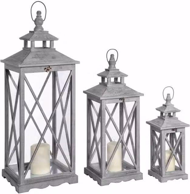 Lemon Pavilion Set of Three Grey Wooden Lanterns with Glass Panels – 1