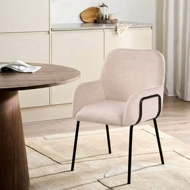 Wyld and Coco Bouclé Dining Chair in Light Beige with Black Metal Base – 1