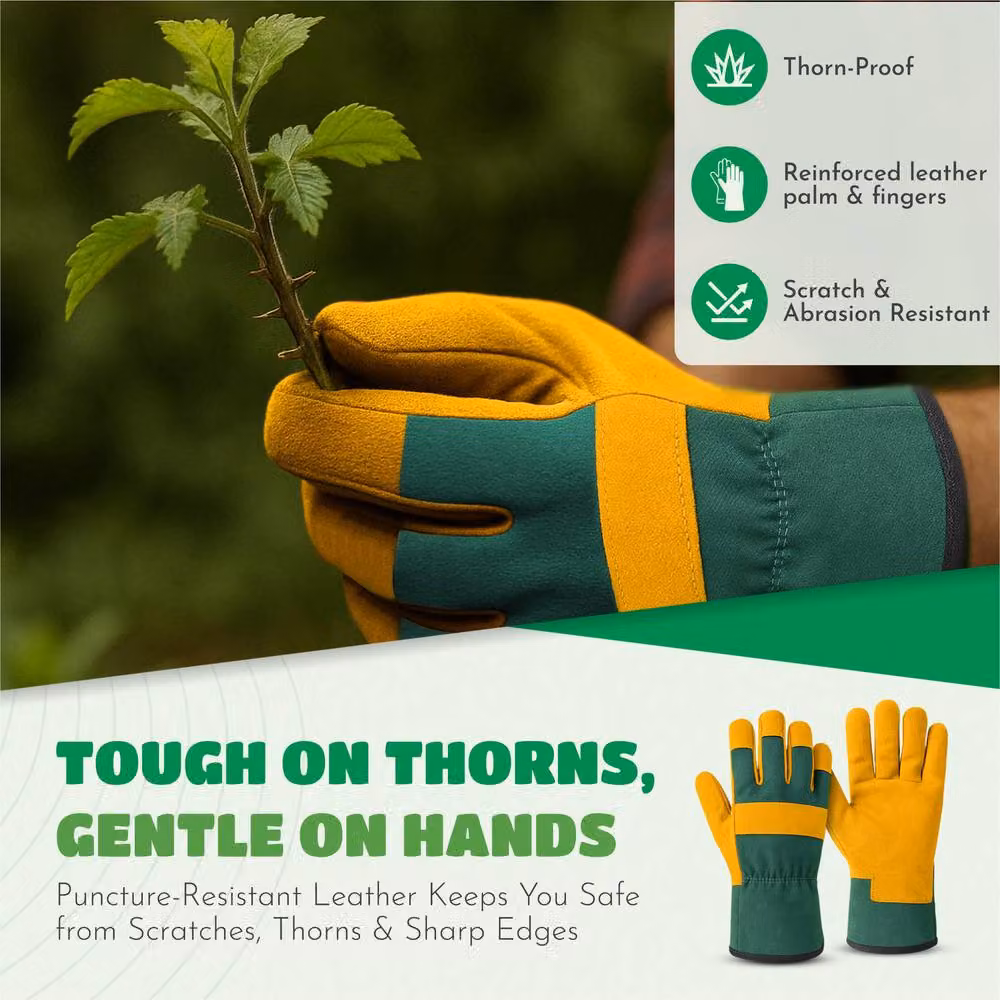 Keplin Premium Cowhide Leather and Fabric Gardening Gloves for Men and Women, Thorn and Puncture Resistant, Yellow and Green, Multicolour – 3