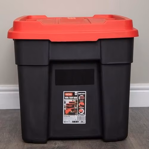 Samuel Alexander 140L Black and Red Tuff Stackable Plastic Storage Box with Lid and Carry Handles – 4