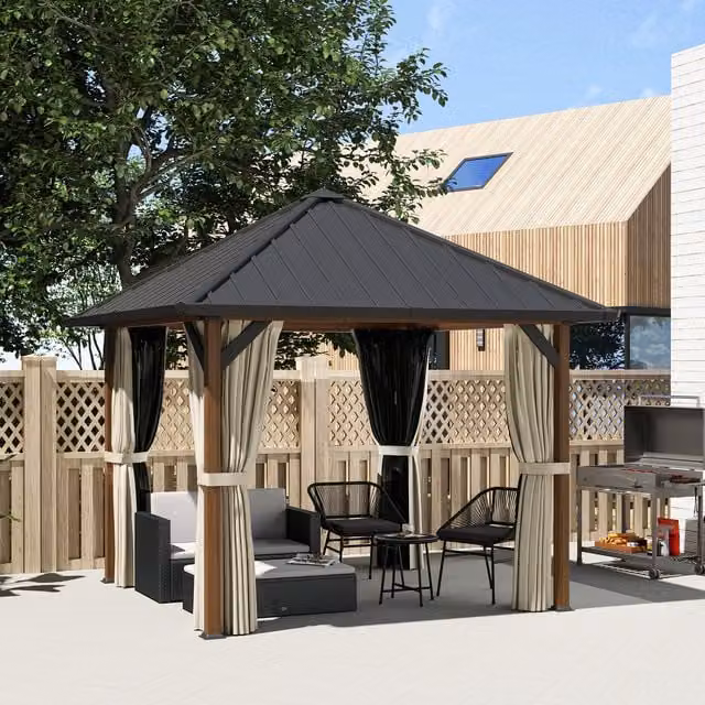 Outsunny Brown Hardtop Gazebo with Netting, Curtains and Rain Gutter, W/D/H: 300 x 300 x 300 cm