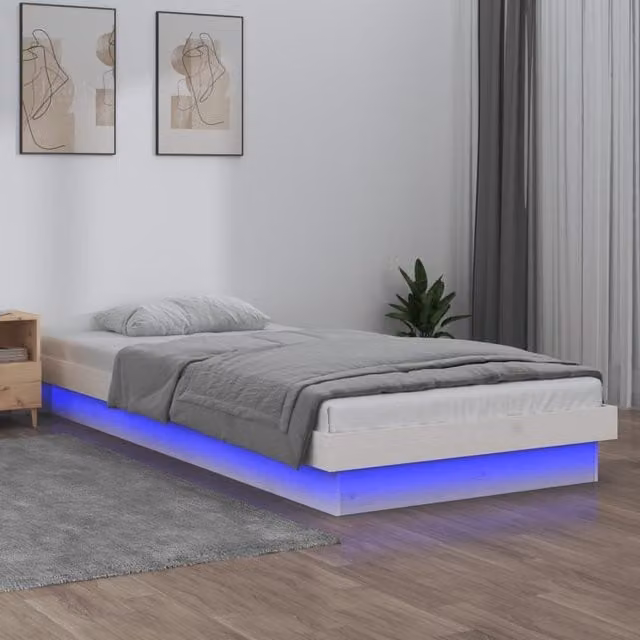 Berkfield Home White Solid Pine LED Bed Frame with Under-Bed Lighting and USB Charging Port, W/D/H: 90 x 200 cm