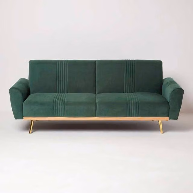 Homescapes Lenny Velvet 3 Seater Sofa Bed in Green and Gold, W/D/H: 216 x 116 x 86 cm