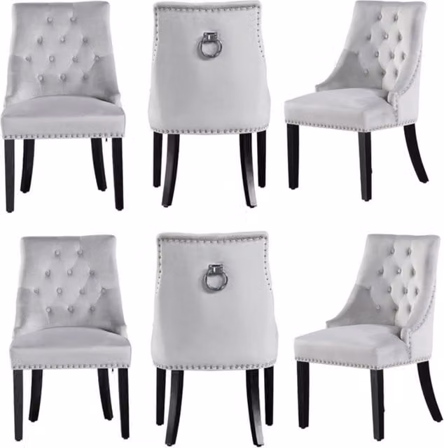 Life Interiors Windsor Knocker Back Velvet Dining Chairs Set of 6 with Solid Wood Legs in Light Grey
