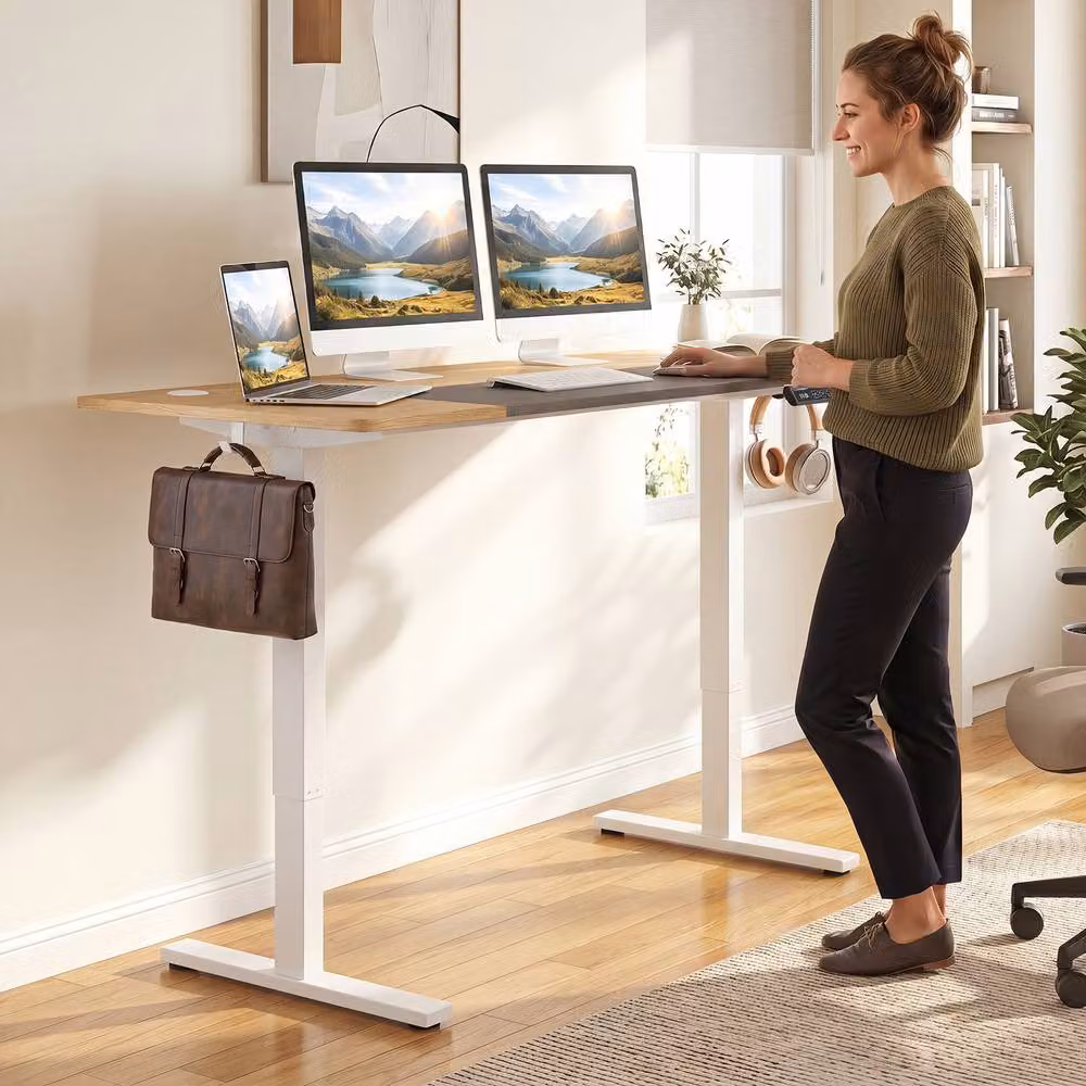 Gymax Height Adjustable Electric Standing Desk in White and Beige, W/D/H: 140 x 60 x 60 cm – 4