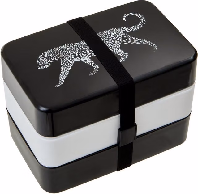 Orsina Grub Tub Leopard Print Lunch Box with Cutlery and Compartments in Black and White