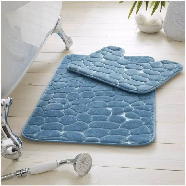 Gaveno Cavailia 2-Piece Pebble Memory Foam Bath Mat and WC Pedestal Mat Set in Aqua Blue – 1
