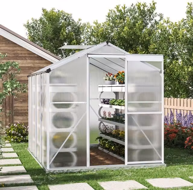 Livingandhome White Aluminium Framed Garden Greenhouse with Polycarbonate Panels and Vent, W/D/H: 253.5 x 190 x 253.5 cm