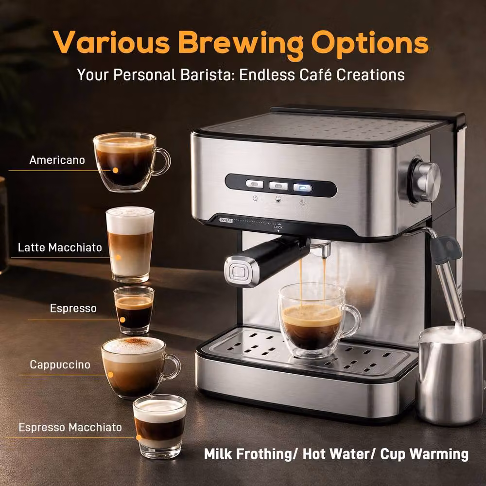 HOMCOM Semi-Automatic Espresso Machine with 20-Bar Pressure, Steam Wand, Cup Warmer and Hot Water Function in Black and Silver – 4