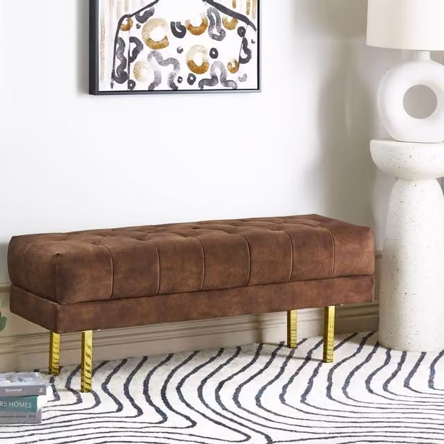 Wyld and Coco Brown Velvet Tufted Bench with Gold Legs, W: 117 cm, D: 40 cm, H: 44 cm – 1