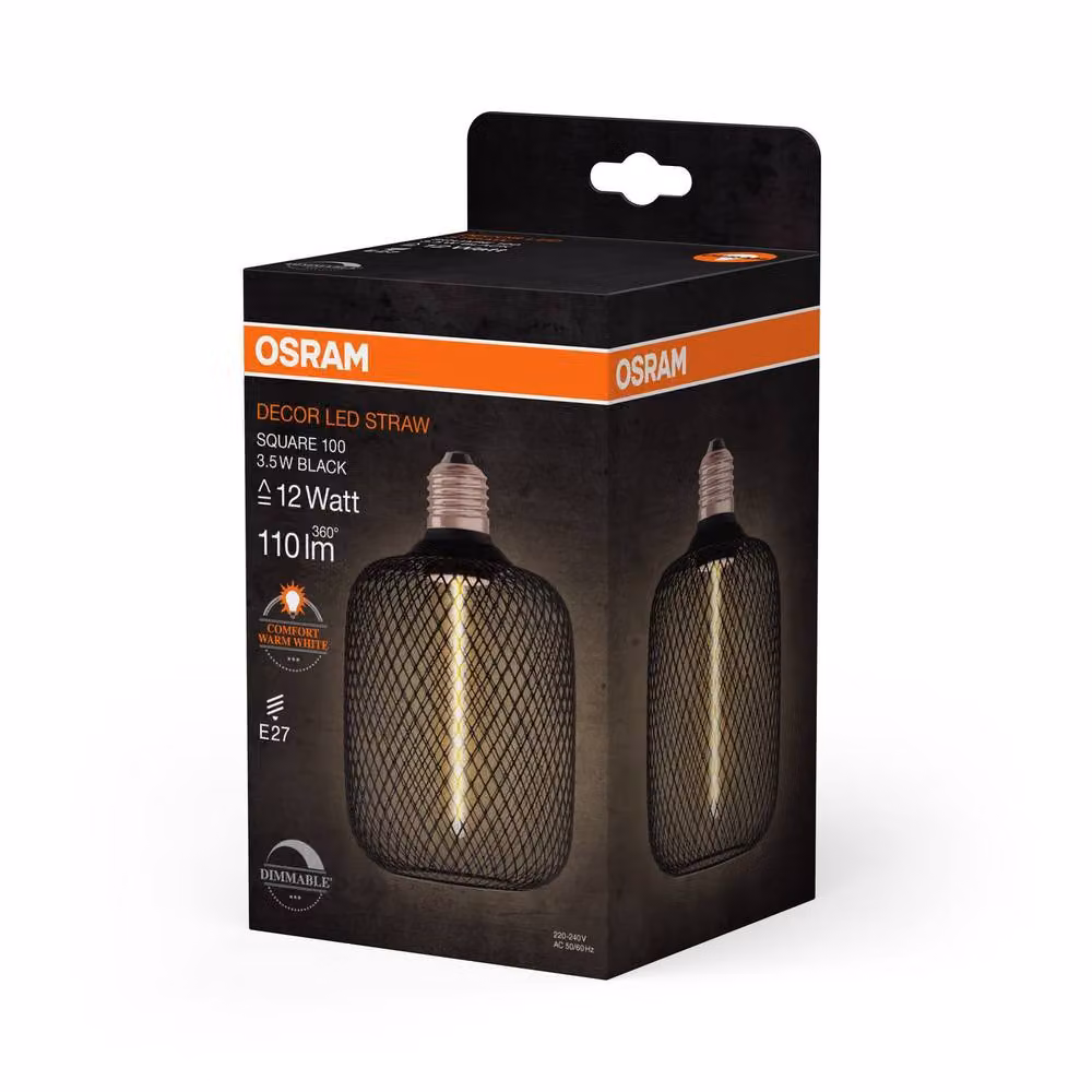 Osram Decor LED Straw Filament Square 2D Bulb, E27, 3.5W, 110lm, 1800K Warm White, Black Transparent Glass, Diameter: 100 mm – 4