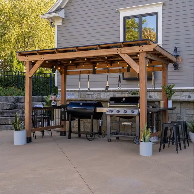 Backyard Discovery XL Saxony Cedar Wood Outdoor BBQ Grill Gazebo in Brown and Orange, W: 3.7 m, D: 1.9 m