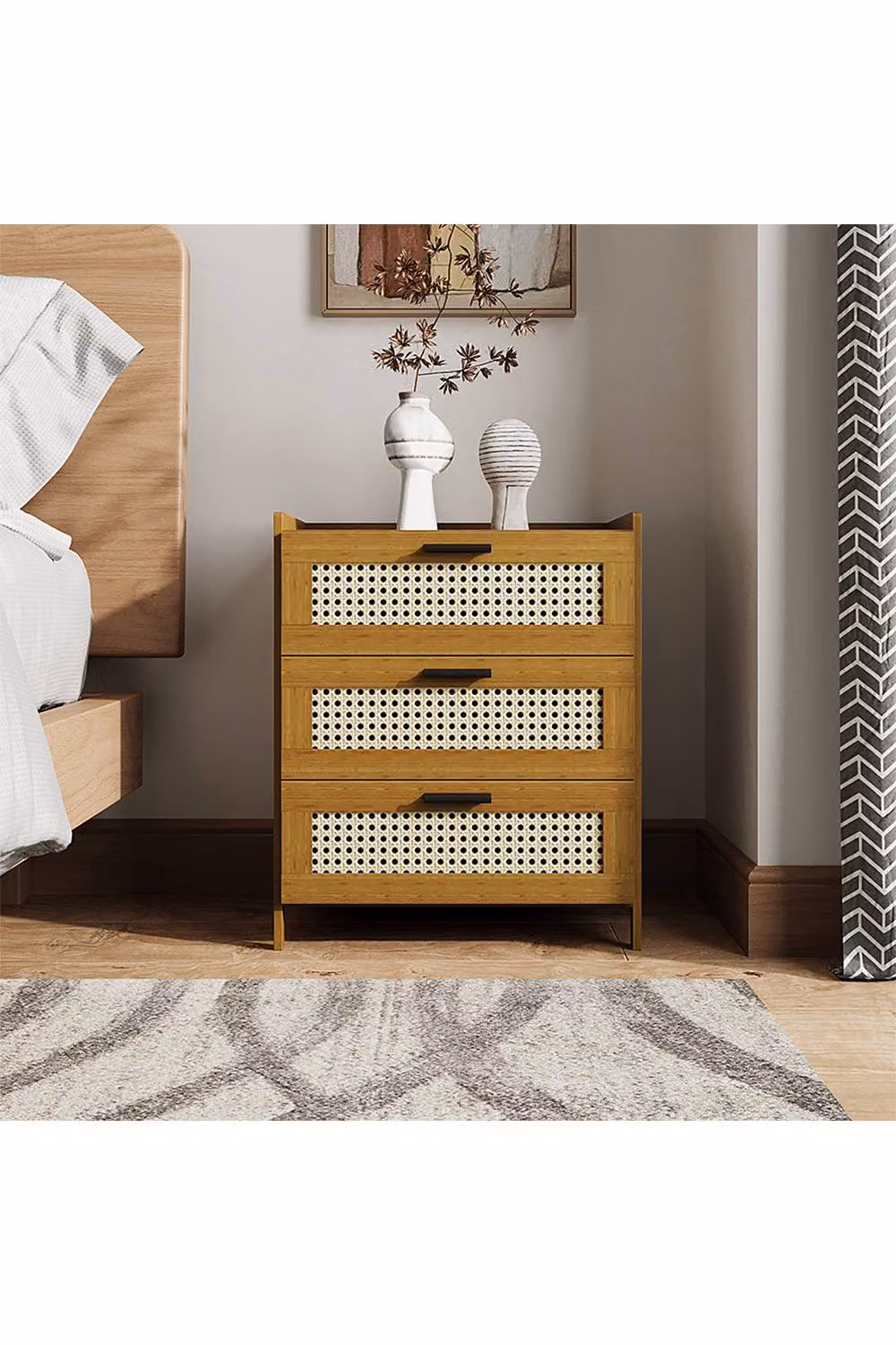 Living and Home 3-Drawer Narrow Bamboo Bedside Table with Plastic Rattan Details in Brown – 2