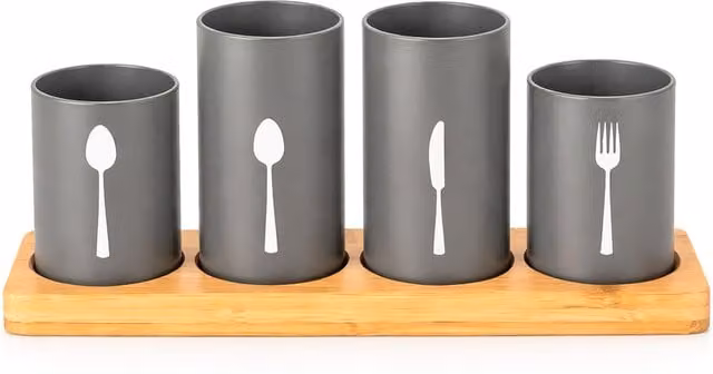 Innoteck 4 Piece Kitchen Cutlery Holder Set with Bamboo Tray and Metal Pots in Grey