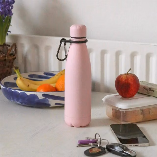 Harbour Housewares Leakproof Stainless Steel Water Bottle with Screw Cap and Carabiner Clip in Pink