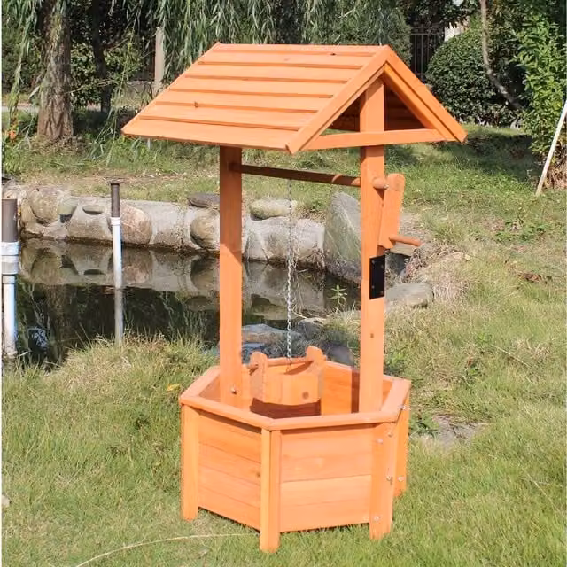 Gr8 Garden Wooden Wishing Well Bucket Planter Ornament in Brown