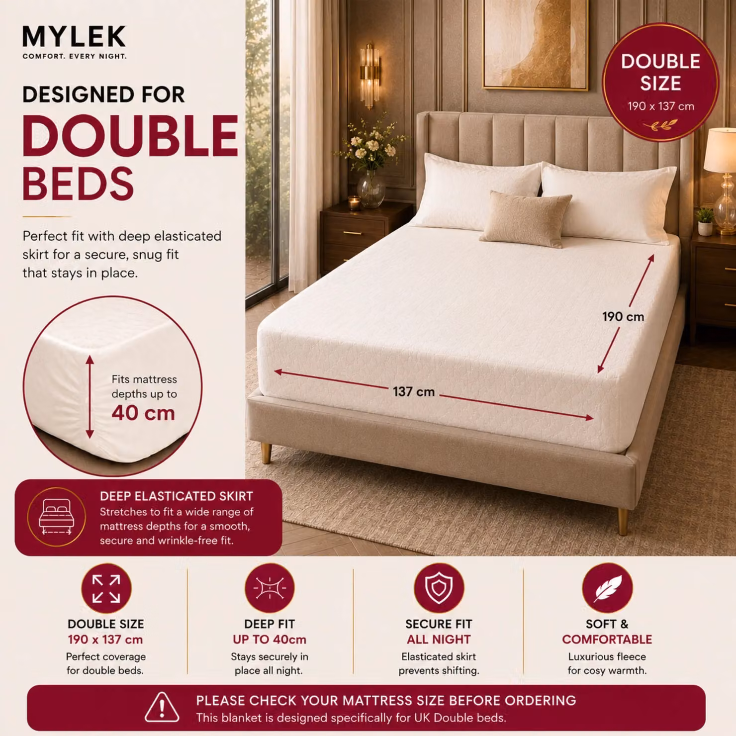 MYLEK Double Electric Heated Fitted Mattress Cover, White, W/D/H: 140 x 200 cm – 2