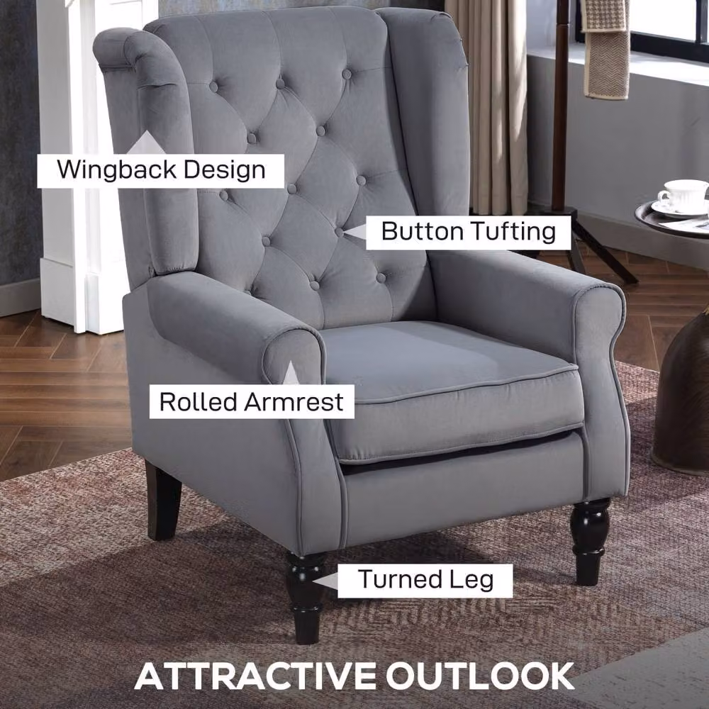 Wyld Haus Linimo Grey Velvet Wingback Accent Chair with Button Tufting H 102 x W 74 x D 86 cm – 3