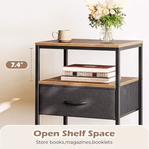 Xample Duffy Side Table with Charging Station, 3-Tier Narrow Bedside Table with Drawer and Media Compartments, Rustic Brown and Black – 9