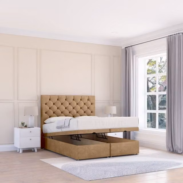 Sloomy Mayfair Dumfries Small Single Fabric Ottoman Bed with Sprung Memory Mattress and 26 Inch Strut Headboard in Light Beige