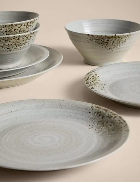 M&S 12 Piece Textured Spin Stoneware Dinner Set in Beige and White