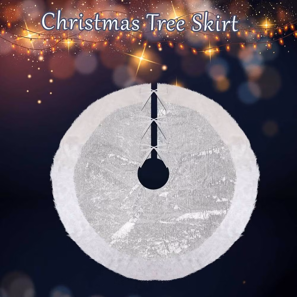 VFM e-Store Christmas Sequin Tree Skirt Decoration in Silver and White, W: 49 cm, D: 31 cm – 2