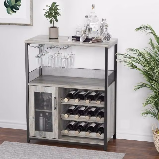 London Boutique 3-Tier Modern Wine Bar Cabinet and Sideboard with Glass Holder in Grey