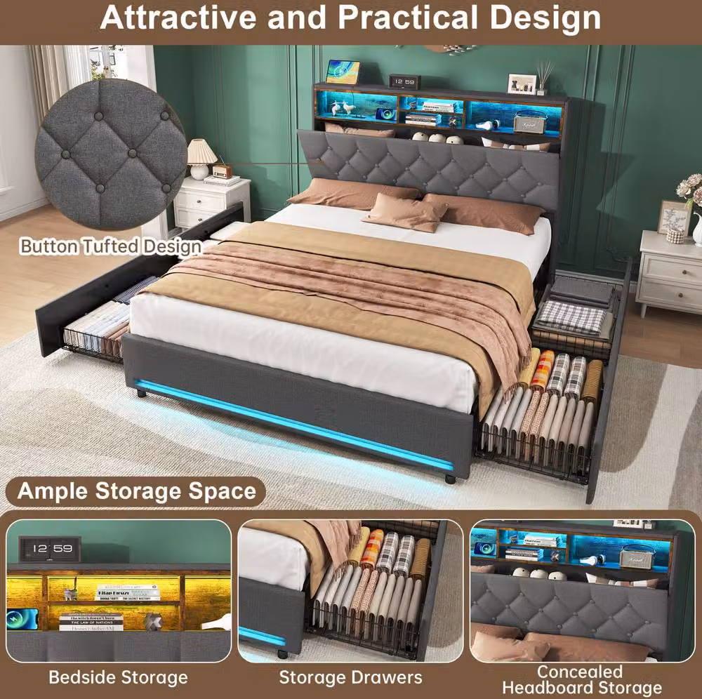 STILVORA Modern Grey Fabric Double Bed Frame with Under-Bed LED Lighting, USB Charging Port and Storage Drawers, 140 x 200 cm – 5