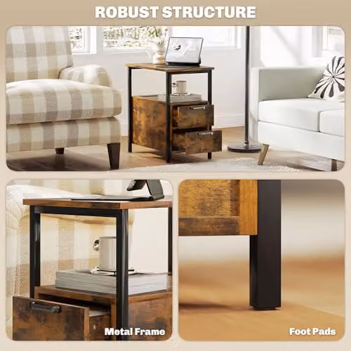 HOMCOM Side Table with Charging Station and Media Compartments, Rustic Brown – 6