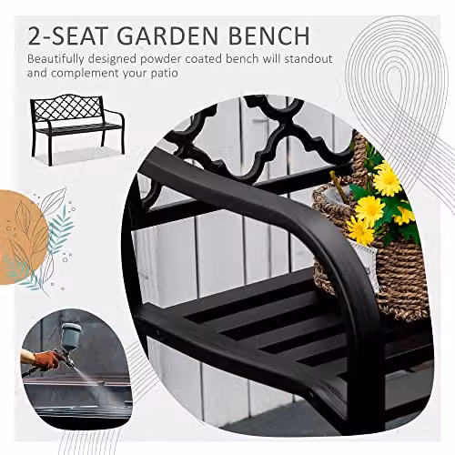 Outsunny Antique Style 2 Seater Garden Bench in Brown Powder Coated Steel, W/D/H: 128 x 60 x 89 cm – 3