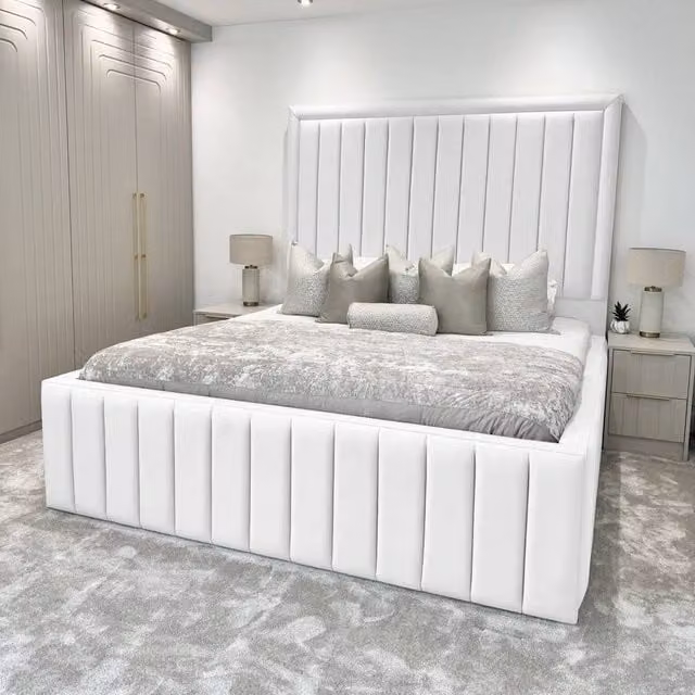 Living Comfort Bedz Hampton Upholstered Slatted Base Bed with 54-Inch Panel Headboard in White, W/D/H: 140 x 200 cm