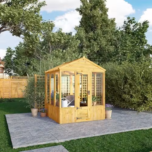 Waltons Brown Wooden Outdoor Potting Shed Greenhouse with Apex Roof, Polycarbonate Glazing and Single Door, W/D/H: 182.88 x 182.88 x 229 cm – 2