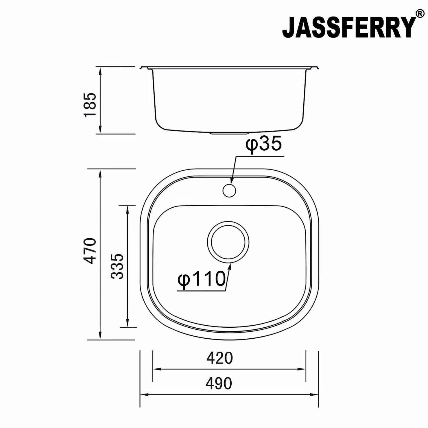 JASSFERRY Stainless Steel Drop-in Campervan RV Kitchen Sink in Silver, W/D/H: 47 x 49 x 18.5 cm – 2
