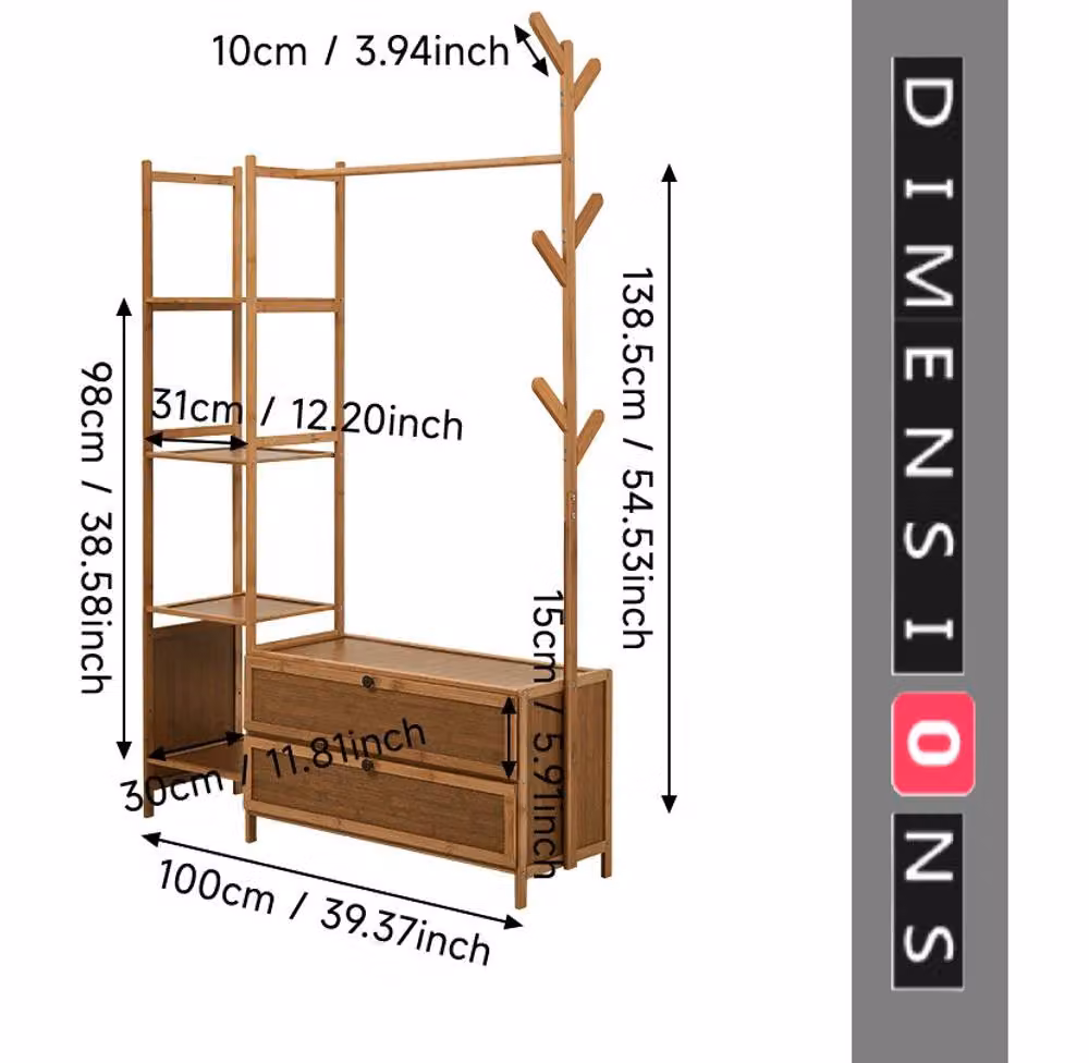 Modcraft Heavy Duty Brown Lacquered Wood Clothes Rail with Dual Hook and Rail Matrix for Bedroom or Hallway, H 138.5 cm x W 100 cm – 3