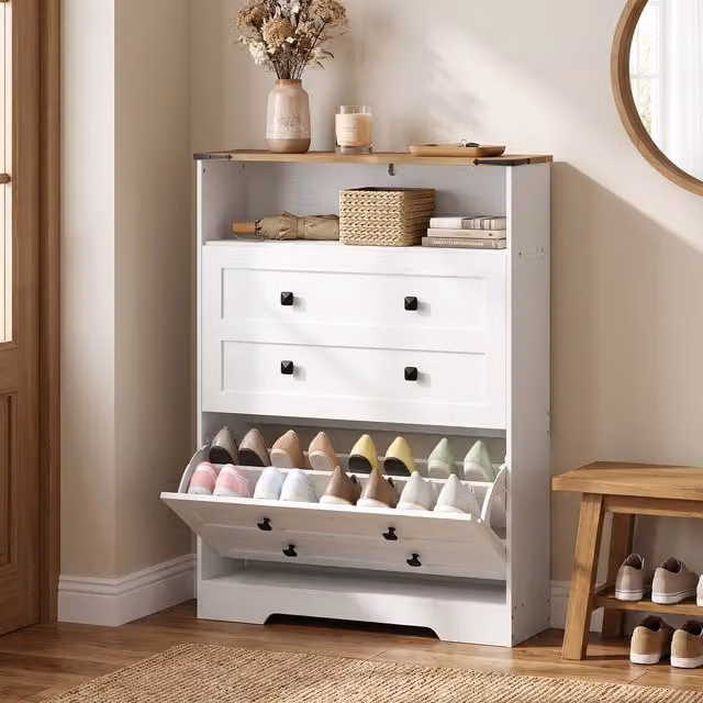 HOMCOM White Narrow Shoe Storage Cabinet with Tilting Compartments and Ventilation