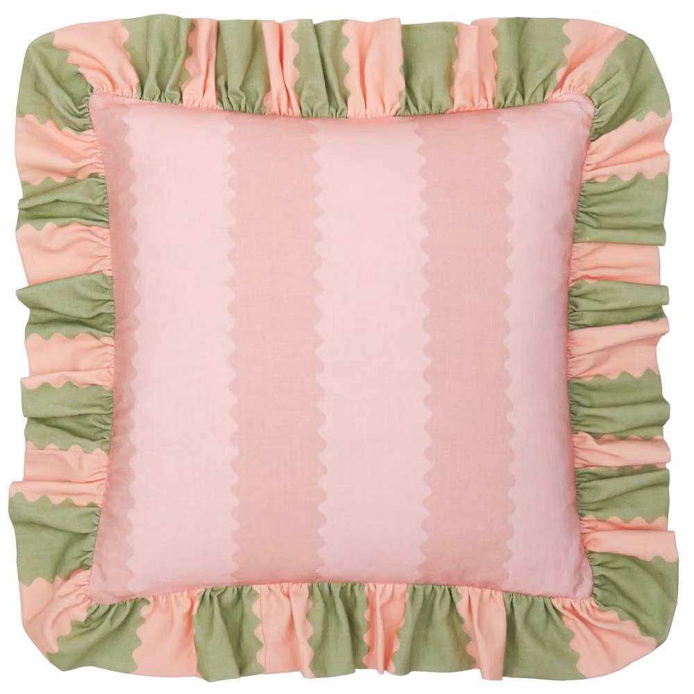 Wylder Birdie Stripe Ruffle Cotton Decorative Cushion, Pink and Green, W/D/H: 45 x 45 x 45 cm – 2