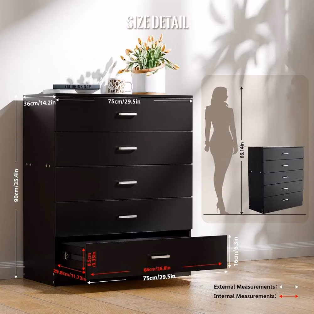FORGEVIO Modern 5 Drawer Black Chest of Drawers and Dressing Table – 2