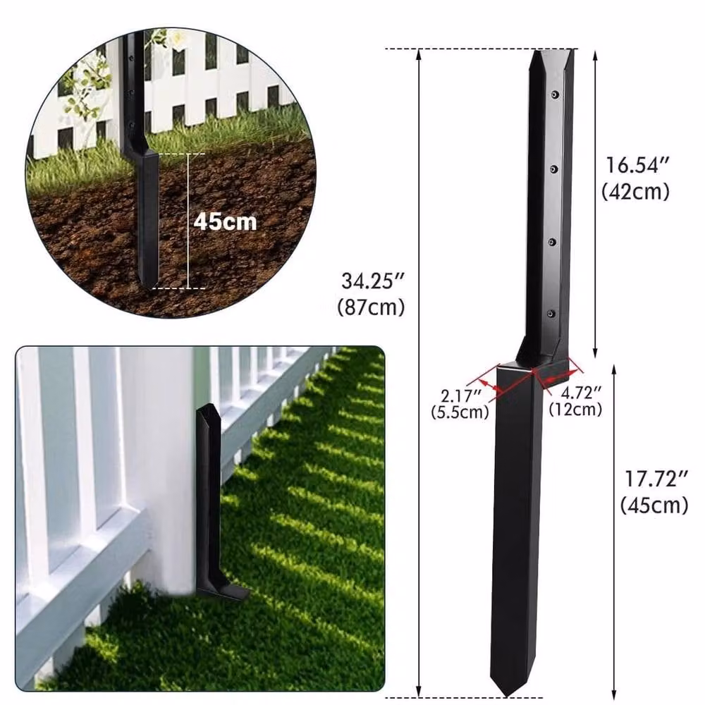 NESTLUNE 4-Piece Heavy Duty Steel Fence Post Anchor Repair Kit in Black, Height: 120 cm, Width: 3.2 cm – 2
