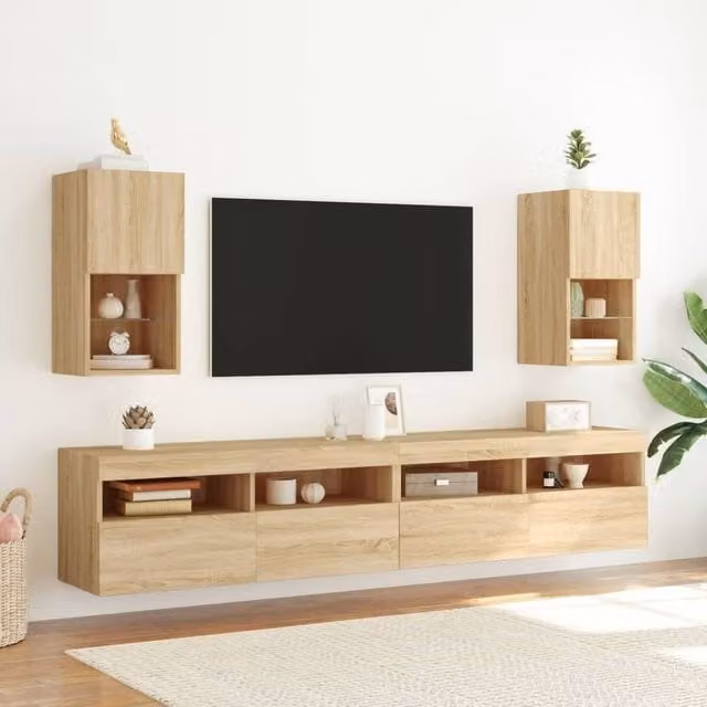 Berkfield Home Set of 2 TV Cabinets with LED Lights in Light Oak, W/D/H: 30.5 x 30 x 60 cm
