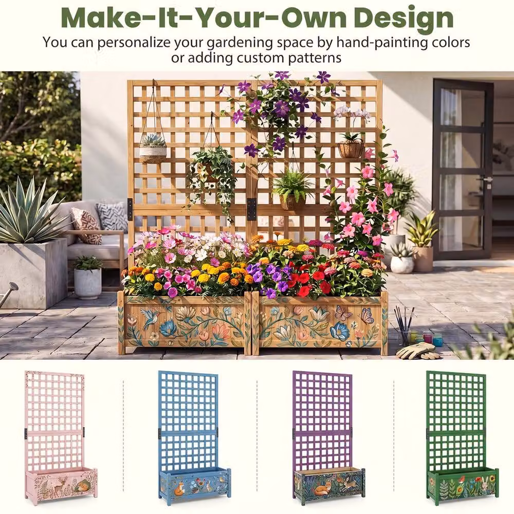 Costway Wooden Raised Garden Bed with Trellis and Drainage Holes, Orange, W/D/H: 143 x 66 x 32 cm – 5