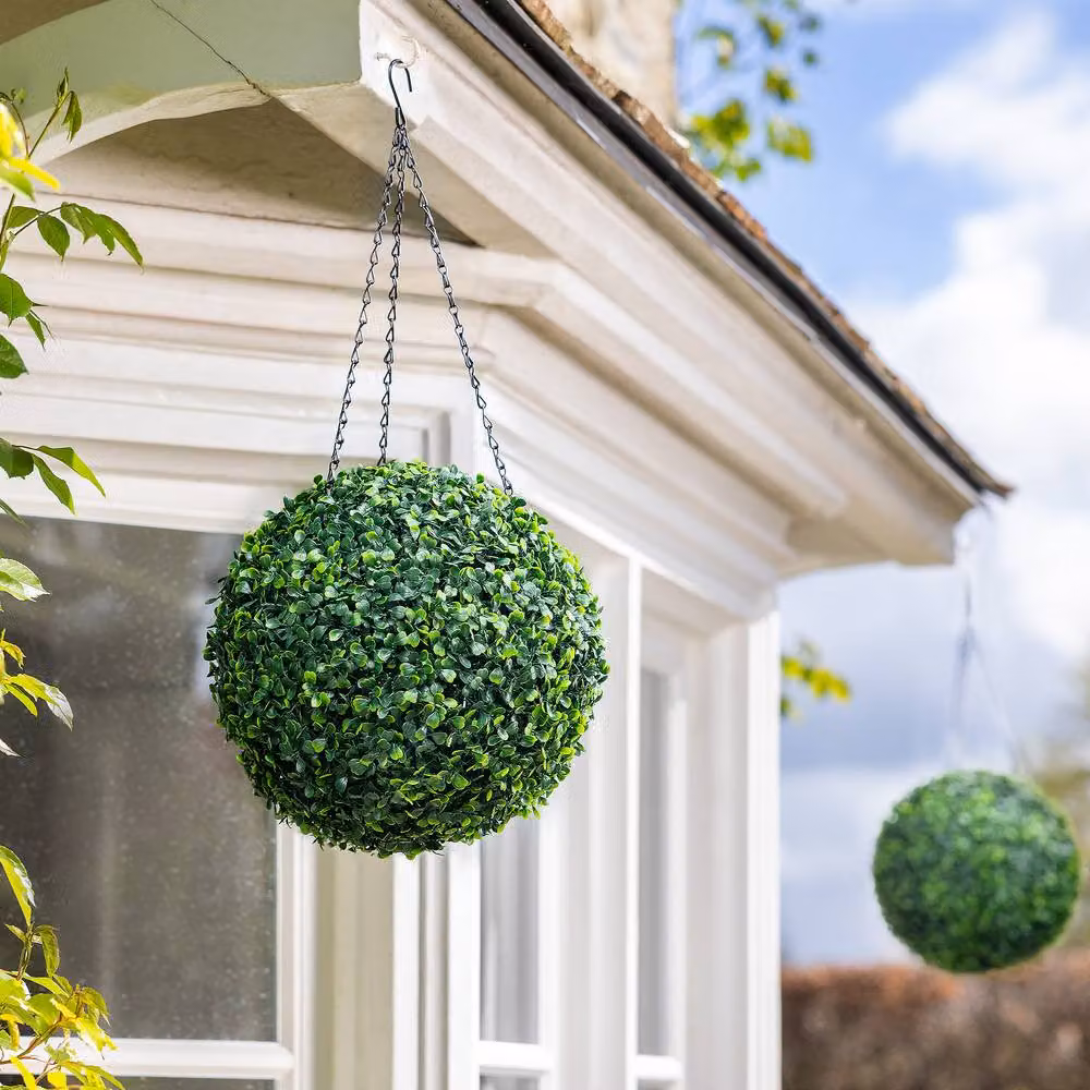 Christow Artificial Green Boxwood Topiary Hanging Plants, Set of 2, Diameter: 28 cm – 2