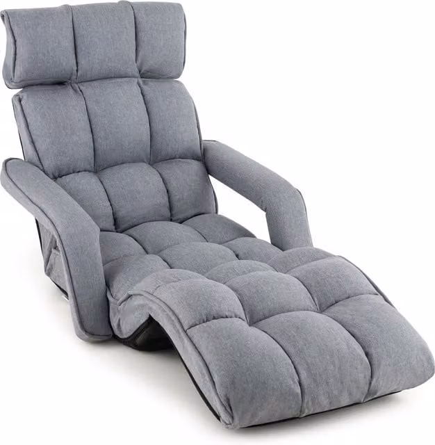 Costway Foldable Lazy Sofa in Grey with Armrests and Adjustable Headrest