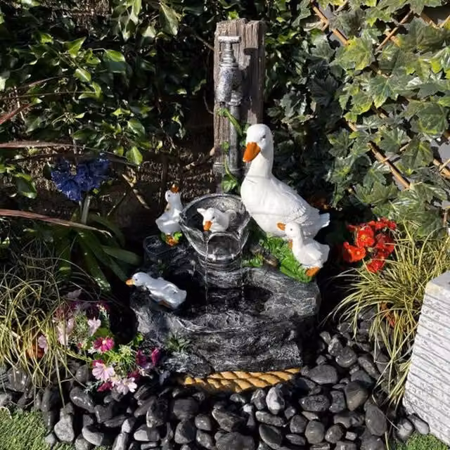 Tranquility Water Features Duck Family Solar Animal Tabletop Water Fountain in Grey and White
