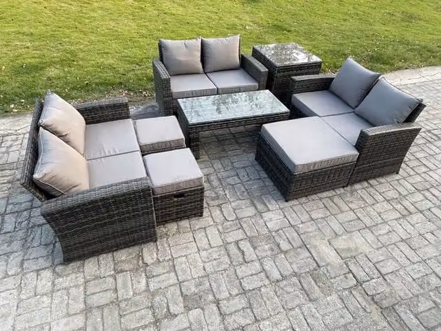 Fimous U Shape Rattan Garden Furniture Set in Dark Grey with Coffee Table, Double Seater Sofa and 3 Footstools