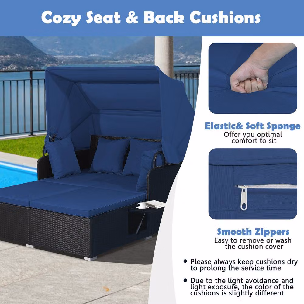 Costway Blue PE Rattan Wicker Daybed with Retractable Canopy for 2 Adults – 7
